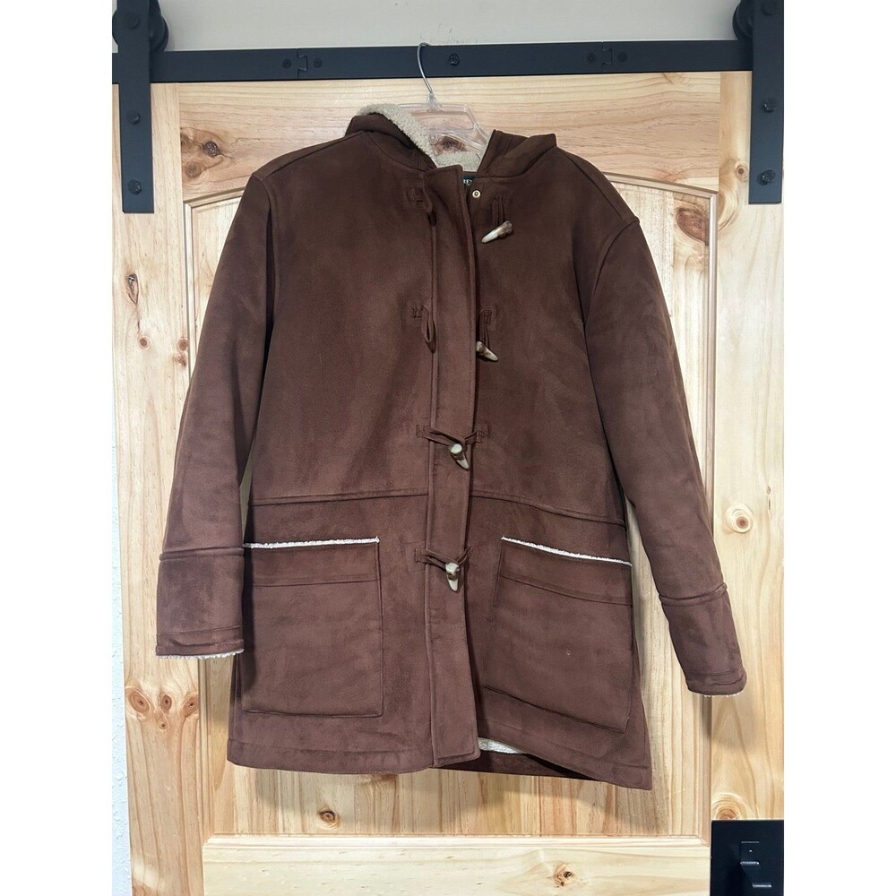 Lauren Ralph Lauren Women’s Suede Coat Mocha Sherpa Lining Hooded Size Medium